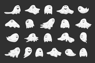set of halloween ghost with scary and funny smiling face, cartoon vector illustration