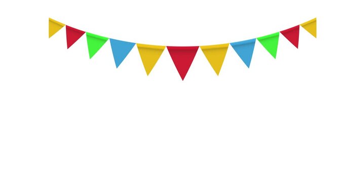 Animation of flags garland isolated on white background. Carnival garland with pennants for birthday celebration, festival. Video transition with black and white mask, alpha channel. 4K graphic motion