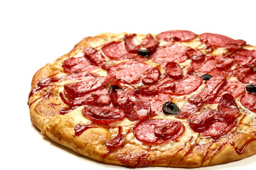 Pizza with salami and smoked sausages, sauce and melted cheese, crispy sides, isolated on white background