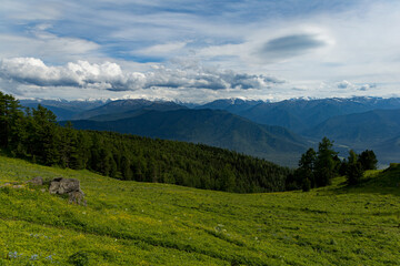 Scenic view of Altai mountains against clouded sky near to Tyungur village