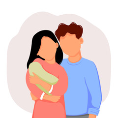 Obraz premium Happy married couple, family holding newborn baby. Vector illustration in flat style. 