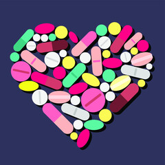vector illustration of a heart laid out from medical pills isolated on a purple background. useful for print, illustration for medical articles about cardiology and heart health, Valentine's Day cards