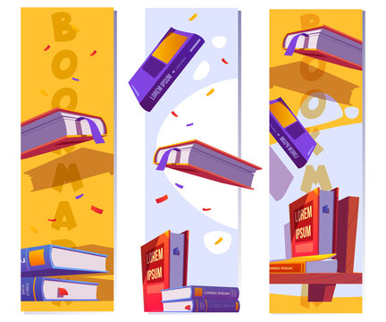 Bookmarks template for reading literature in school or library. Vector vertical banners with cartoon illustration of flying books with ribbons and stack on shelf