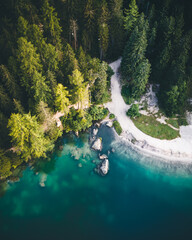 Aerial shot of Lago di Braies (Pragser Wildsee lake), Dolomites, Italy