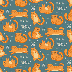 seamless pattern ginger cats on a blue background and text lettering