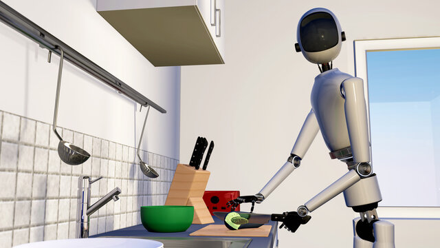 a service robot makes the food in the kitchen (3d rendering)