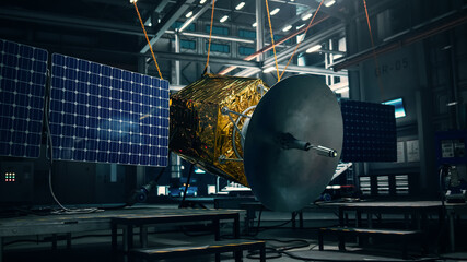 Satellite Under Construction in Dark Aerospace Technology Manufacturing Facility. Development of Spacecraft for Space Exploration, Navigation, Communications, Internet Telecommunication, Observation. 