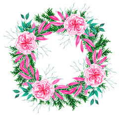 Christmas wreath with peony rose, pine needles and golden twigs 3
