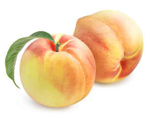 Peach fruit with leaf isolated on white background, Fresh Peach on White Background With clipping path, 