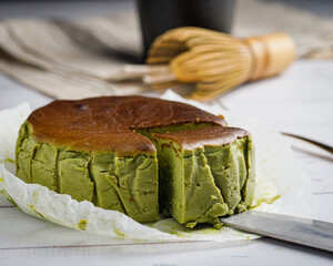 Matcha Burnt Cheesecake sliced and ready to serve.