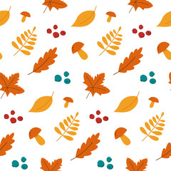 seamless pattern autumn leaves mushrooms and berries