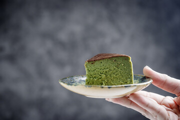 Matcha Burnt Cheesecake sliced and ready to serve.