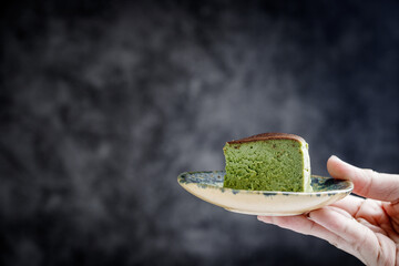 Matcha Burnt Cheesecake sliced and ready to serve.