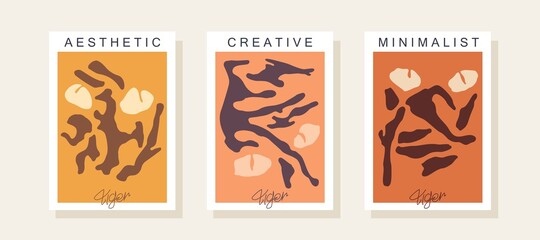 Stylized image of a tiger. Three trendy posters in contemporary minimalistic style. Abstract illustrations inspired by Matisse graphics. Vector template
