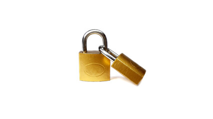 Two Golden Padlocks Closed With Each Other Isolated on White Background