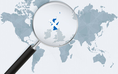 World map with a magnifying glass pointing at Scotland. Map of Scotland with the flag in the loop.