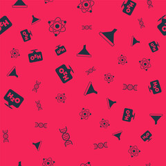Set DNA symbol, Atom, Chemical formula for H2O and Funnel filter on seamless pattern. Vector