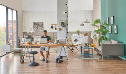 Man is working beautiful home, he is living alone and there are two different division at home, washing machine working table together.