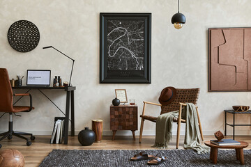 Creative composition of elegant masculine living room interior with mock up poster frame, brown...