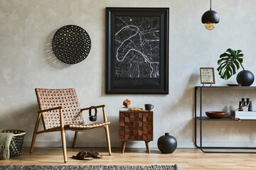 Creative composition of elegant masculine living room interior with mock up poster frame, brown...