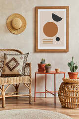 Creative composition of stylish living room interior with mock up poster frame, rattan armchair, coffee table, cacti and personal accessories. Plant love and nature concept. Template. - obrazy, fototapety, plakaty