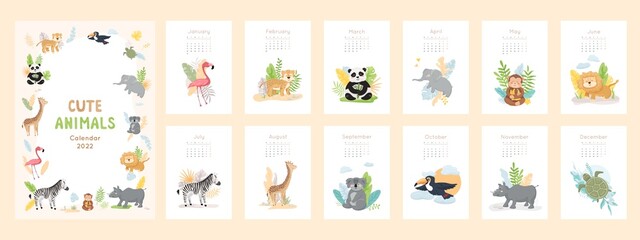 Calendar 2022 with cute wild baby animals in cartoon style. Set of 12 month vector illustrations, zoo characters, birds, children design concept. Jungle leaves, plants, clouds. Cover and pages