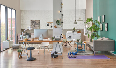 Decorative new style living room, working table, sitting sofa and armchair with washing machine, studio apartment, home that meets all needs in a one place.