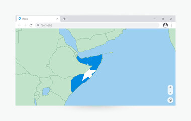 Browser window with map of Somalia, searching  Somalia in internet.