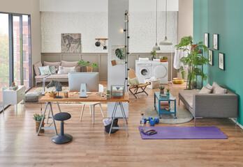 Decorative new style living room, working table, sitting sofa and armchair with washing machine, studio apartment, home that meets all needs in a one place.