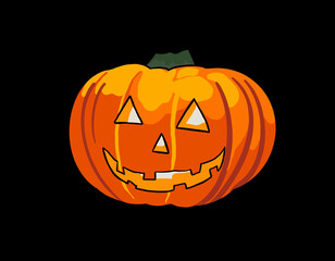 Drawing of halloween smiling pumpkin head - classic orange pumpkin face - black background