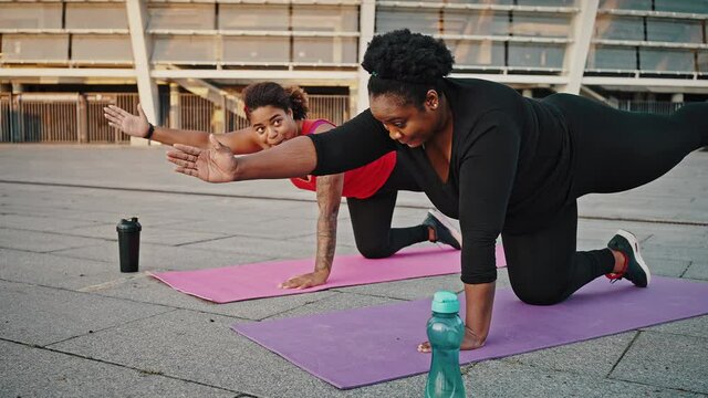 Yoga for beginners. Young african american woman teaching her overweight female friend to do balance asana