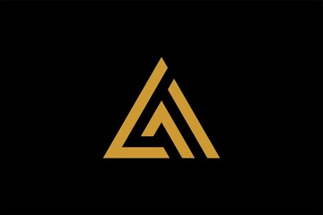 Mountain logo design vector. Triangle abstract illustration symbol. Letter AM outline sign. Gold adventure vector icon.