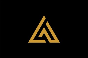 Mountain logo design vector. Triangle abstract illustration symbol. Letter AM outline sign. Gold adventure vector icon.