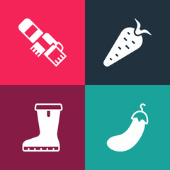 Set pop art Eggplant, Waterproof rubber boot, Carrot and Winter scarf icon. Vector