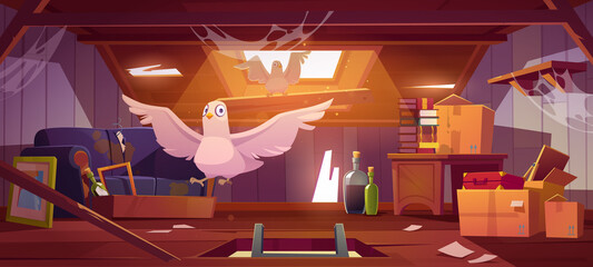 Doves in abandoned attic with old things, ladder in hatch, roof window and furniture. Pigeons live on dilapidated mansard or garret place with spider webs and antique stuff Cartoon vector illustration © klyaksun