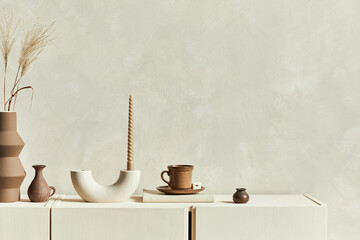 Stylish composition of cozy living room interior design with copy space, commode and personal...