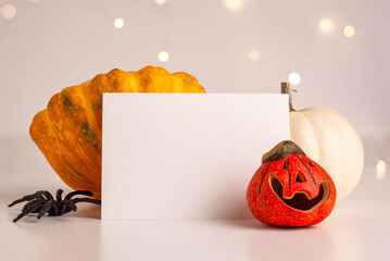 Close up of decoration white and orange small smile Halloween pumpkin, black horror spider and...