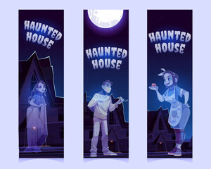 Haunted house with old house with ghosts at night. Vector vertical banners of Halloween party or scary show with spirits. Bookmarks with cartoon illustration of souls of dead people