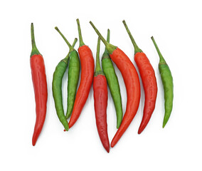 Red and green chili pepper, Hot spice seasoning, Ingredients for spicy food, Isolated on white background, Top view