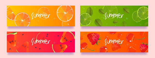 Summer fruits cartoon horizontal banners or bookmarks with fresh juicy orange, lime, watermelon and berries strawberry or cherry with green mint leaves, Vector illustration, isolated templates set
