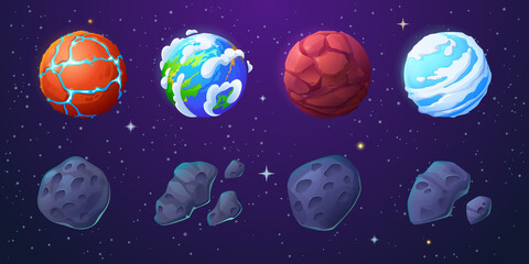 Earth, alien planets and asteroids in outer space with stars. Vector cartoon set of stone meteorites with craters and unusual planets with water, cracks and clouds © klyaksun