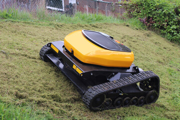 Remote controlled agricultural grass and bush cutter on a steep grassy bank - obrazy, fototapety, plakaty