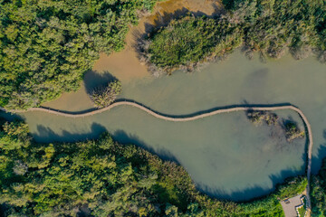 Ein Afek nature reserve catfish swamp and bridge, Aerial view.
