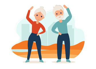 Senior couple goes in for sports on the street. Yoga practice. Vector illustration in flat style. Old man and woman are active outdoor.