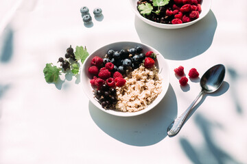 Oatmeal with raspberries and blueberries in a white plate .Breakfast