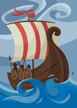 Viking poster with drakkar. Scandinavian placard design in cartoon style.