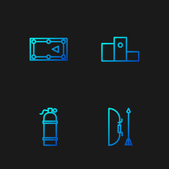 Set line Bow and arrow in quiver, Aqualung, Billiard table and Award over sports winner podium. Gradient color icons. Vector