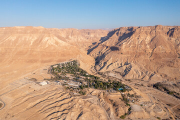 Aerial view of Kibbutz Ein Gedi oasis and nature reserve.
