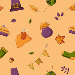 Seamless pattern of thanksgiving day in flat style isolated on orange background. Background and texture of celebrating with family. Vector illustration