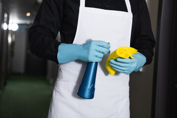 partial view of housekeeper in rubber gloves holding spray bottle with rag
